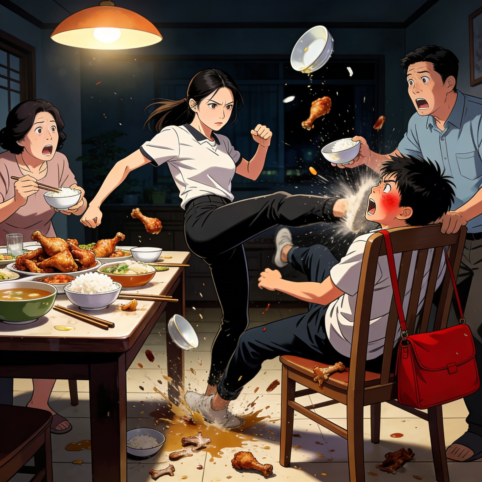 Em Trai Mắng Tôi Không Xứng Ăn Đùi Gà, Tôi Một Cước Đá Nó Ngã Lăn Khỏi Ghế